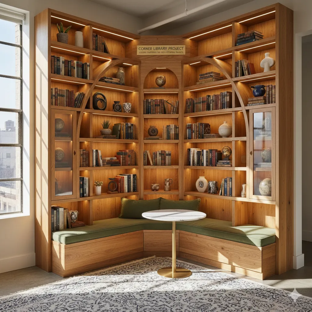 Corner library unit in irregular space